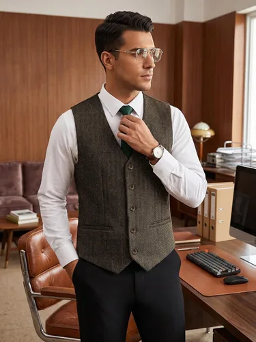 Vista 4 de MAGE MALE Chaleco de traje de tweed en espiga para hombre, chaleco vintage Marrón