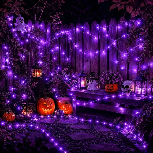 Vista 8 de YEGUO Paquete de 4 luces solares de Halloween de 33 pies, 100 luces LED moradas de Navidad impermeables para exteriores, 8 modos de luces solares