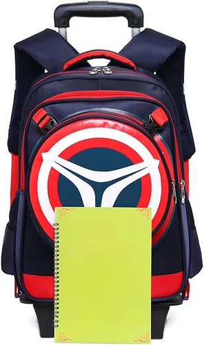 Vista 5 de Mochila escolar ligera para niños y niñas, escudo de superhéroe desmontable dos en uno, mochila rodante con seis ruedas, Azul Marino, misma