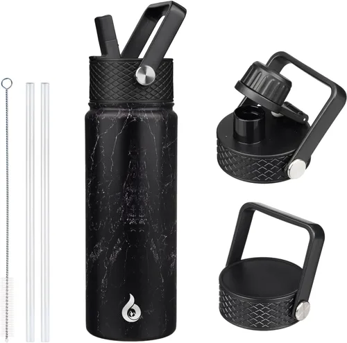 Vista 60 de BJPKPK Botellas de Agua Aisladas con Tapa de Pajita, Botella de Agua de Acero Inoxidable de 18oz, Termo Frío Caliente con 3 Tapas, Vaso de Viaje a