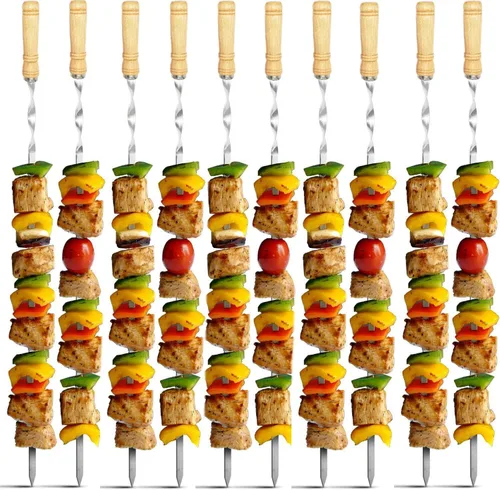 Vista 2 de Paquete de 12 pinchos Kabob 22 pulgadas, pinchos de barbacoa de acero inoxidable, resistentes, grandes, reutilizables con asa de madera