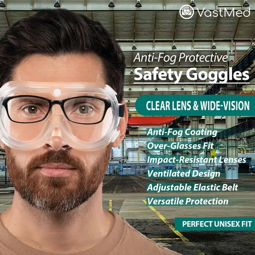 Vista 2 de Gafas de seguridad protectoras antivaho con lente transparente de visión amplia, ajustables para el polvo que se ajustan sobre las gafas