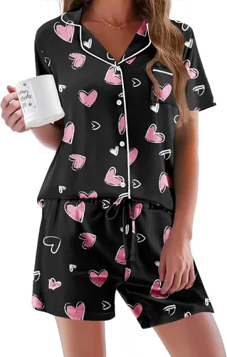 Vista 35 de Ekouaer - Conjunto de pijamas de manga corta para mujer, con botones, suave, 2 piezas, conjuntos de descanso, tallas XS-XXXL Verde Aqua