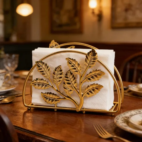 Vista 8 de Servilletero de metal dorado con diseño de hojas, soporte dispensador de pañuelos compacto para cocina, mesa de comedor, restaurante y uso en fiestas