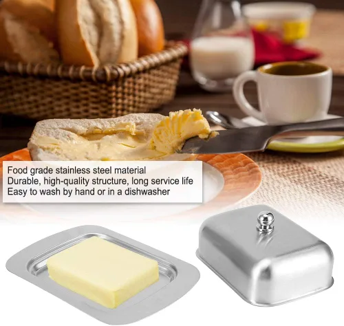 Vista 3 de Alvinlite Mantequillera de acero inoxidable, bandeja de mantequilla de doble cubierta, contenedor de pan de queso con tapa, accesorios para encimera