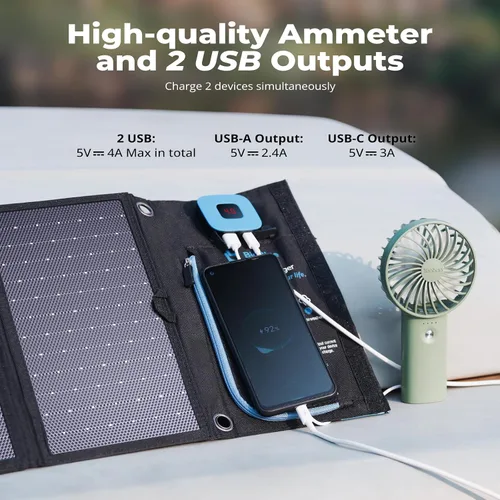 Vista 3 de Cargador solar portátil BigBlue de 28W con amperimetro digital, 25.4% de alta eficiencia, puertos USB-A/USB-C, paneles solares plegables