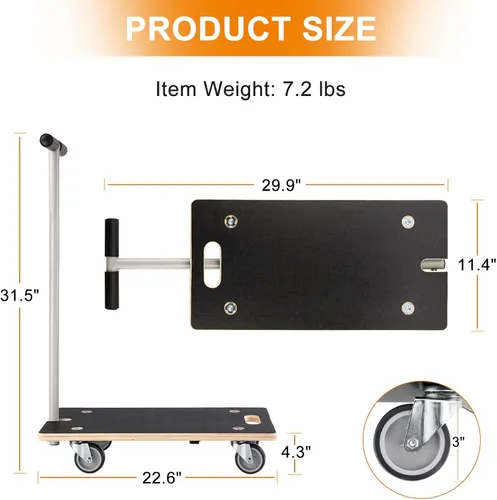 Vista 3 de Plataforma rodante rectangular de madera resistente con asa - Capacidad de 441 libras, ruedas TPR de 3 pulgadas, transportador multifuncional