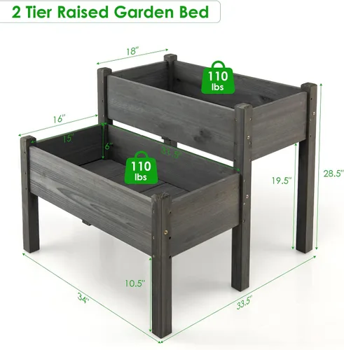 Vista 2 de RELAX4LIFE Cama de jardín elevada de 2 niveles, maceta elevada de madera de abeto con patas, 8 agujeros de drenaje, capacidad de 220 para cultivar