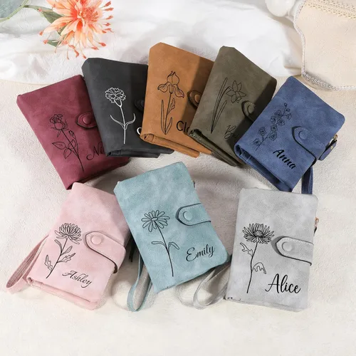 Vista 4 de Carteras de cuero personalizadas para mujer, con cremallera, monedero con correa para la muñeca, cartera pequeña para mujer con nombre de flor