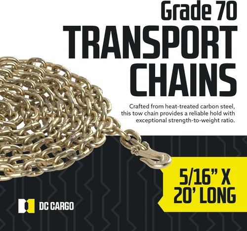 Vista 2 de Cadenas de transporte de amarre de carga DC – Cadena de remolque resistente con cadena de grado 70 de 5/16 pulgadas, ganchos de cadena de troncos
