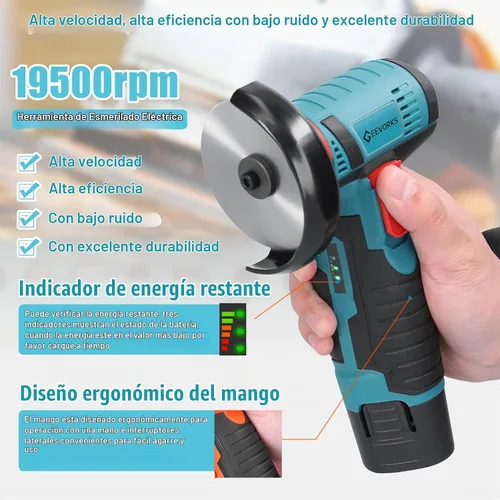 Vista 2 de Geevorks - Mini amoladora angular inalámbrica de 12 V 19500 RPM con 2 baterías de 2000 mAh, cuchillas de corte de nailon, disco de molienda/disco