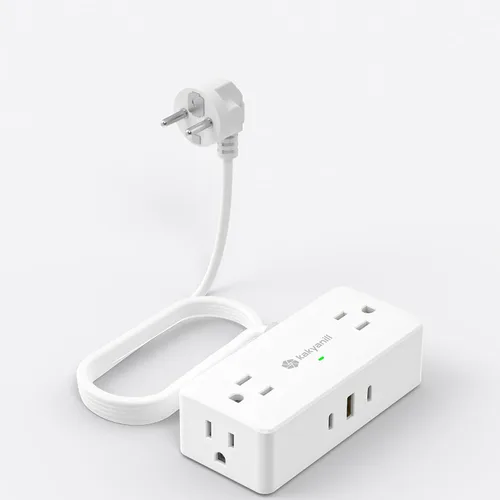 Vista 8 de Adaptador de enchufe de viaje europeo Kakyanill, adaptador de corriente para Italia, 4 tomas de CA, 3 puertos USB (2 USB C), cable de extensión