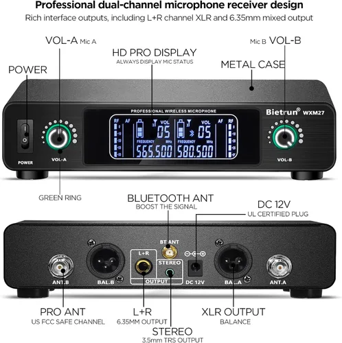 Vista 7 de Bietrun Micrófono inalámbrico, sistema de micrófono dinámico inalámbrico dual UHF inalámbrico de metal recargable para karaoke, reuniones, fiestas