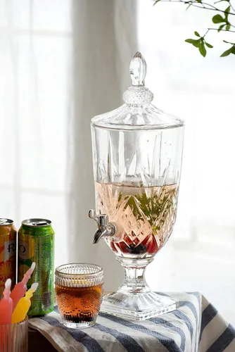 Vista 4 de Dispensador de bebidas de cristal moderno y lujoso dispensador de bebidas base y tapa fiestas, bodas, eventos, catering, 6.7 x 6.7 x 19 pulgadas
