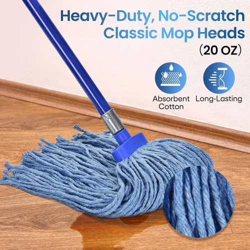 Vista 2 de Matthew - Cabezales de repuesto para trapeador húmedo de algodón resistente (azul, mediano, paquete de 12) con 2 paños de microfibra para uso