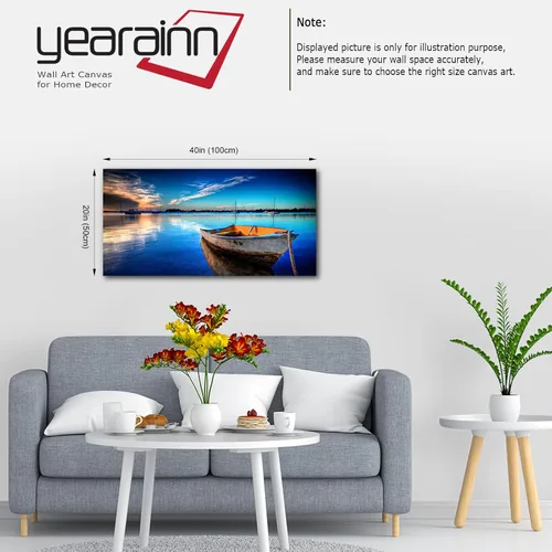 Vista 2 de yearainn Lienzo grande para pared, diseño de lancha y lago azul, puesta de sol con agua clara, cuadro moderno, naturaleza, paisaje, arte