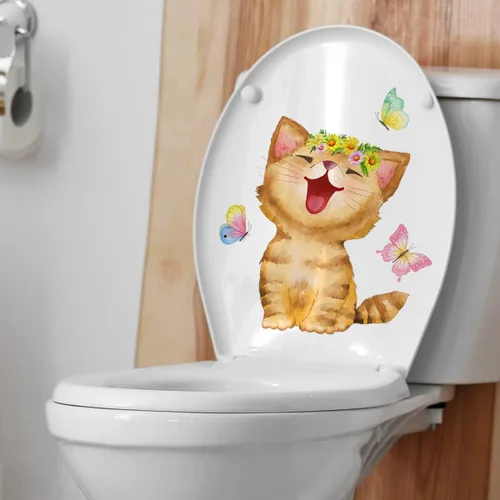 Vista 6 de Generic Calcomanías para tapa de inodoro con diseño de gato que ríe, diseño de gato blanco con dibujos animados, material de PVC impermeable