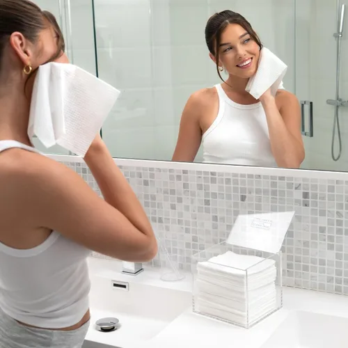 Vista 6 de CLEAN SKIN CLUB Caja de acrílico transparente para toallas limpias XL (NO incluidas), contenedor para 50 toallas limpias desechables XL, toallitas