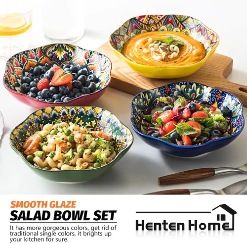 Vista 5 de Henten Home Juego de 4 cuencos de cerámica para ensalada de 20 onzas, coloridos cuencos para aperitivos, estilo bohemio, aptos para helados, frutas