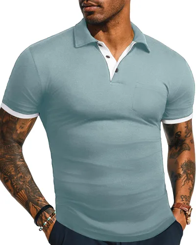 Vista 19 de KUYIGO Camisas de manga larga y corta estilo polo para hombre, estilo informal, ajustadas, diseño sólido, suave, con botones, de algodón, con A1