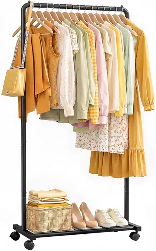 Vista 5 de Sakugi Perchero de Ropa - Perchero de ropa con estante de malla de almacenamiento y ruedas, perchero de metal resistente para colgar ropa, vestidos