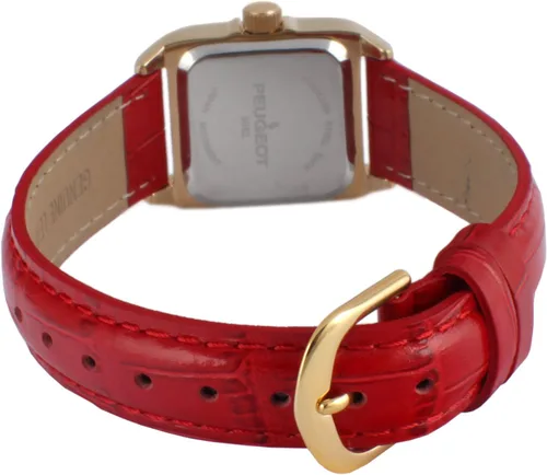 Vista 2 de Peugeot Reloj de mujer chapado en oro de 14 quilates con bisel de cristal con número romano con banda de cuero rojo 3052RD