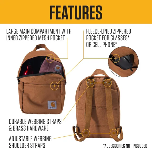 Vista 2 de Carhartt Mini mochila clásica, duradera, resistente al agua con correas de hombro ajustables, Carhartt Brown