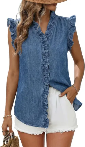 Vista 12 de Dokotoo Chaleco de mezclilla para mujer, casual, de verano, con botones, peplum, cuello en V, sin mangas, camisa de mezclilla