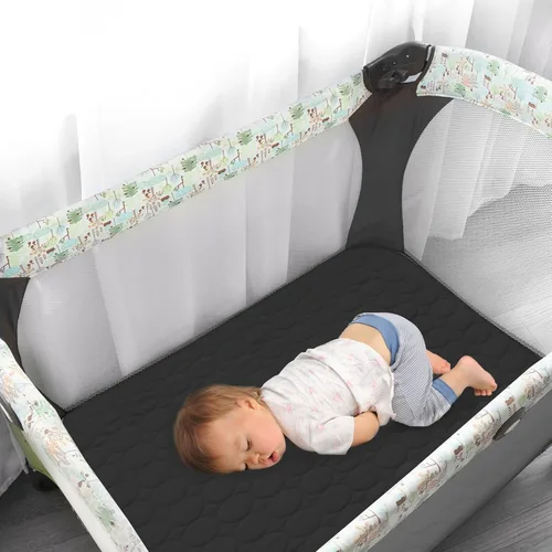 Vista 5 de Sábanas para Pack and Play Ajustables Protector Impermeable Acolchado, Paquete de 2 Almohadillas de Colchón de Corralito Compatibles con Graco Pack