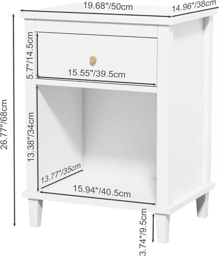 Vista 2 de Mesita de noche de madera para dormitorio con 1 cajón y 1 compartimento abierto (blanco)