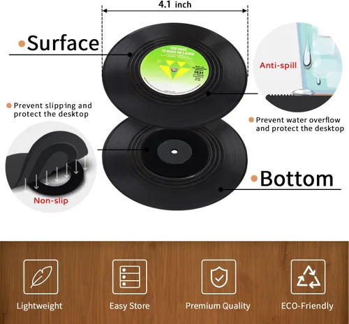 Vista 7 de Divertidos posavasos retro para bebidas con soporte para reproductor de vinilo, juego de 6 posavasos de elefante blanco para amantes de la música