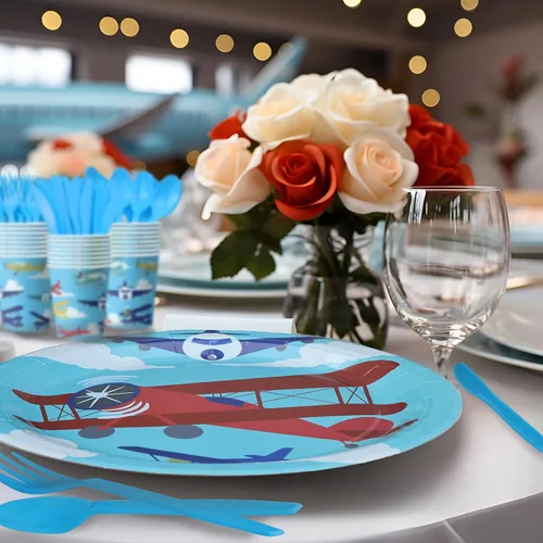 Vista 6 de Decoraciones de fiesta de avión - Platos, servilletas, vajilla y recuerdos - Sirve a 20 invitados