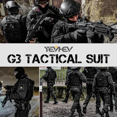 Vista 7 de YEVHEV Conjunto de ropa militar de combate G3, ropa táctica de camuflaje, uniforme de caza, equipo de paintball con rodilleras para hombres Negro