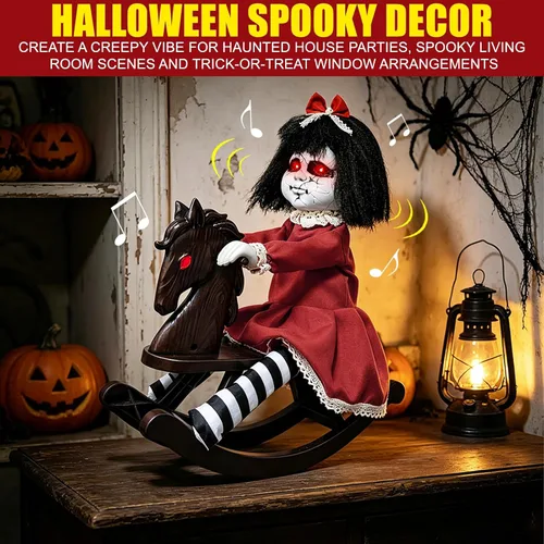 Vista 9 de Halloween Animatronic Decorations Girl Doll on Rocking Horse with Lights
