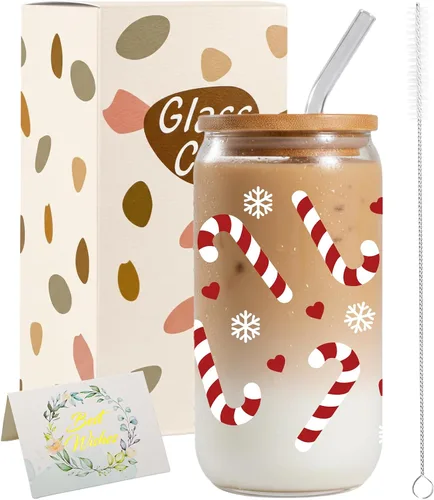 Vista 9 de JEKUGOT Vasos de Navidad para mujeres, vasos de vidrio de 16 onzas con tapa Estilo A