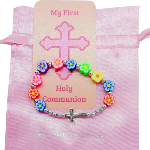 Vista 3 de Westmon Works Pulsera de flores de primera comunión para niñas con tarjeta santa católica elástica muñeca con bolsa de transporte con cordón, Sin