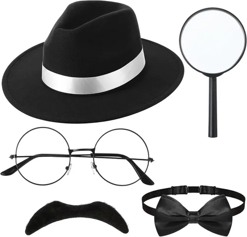 Vista 11 de Kasyat 6 piezas de accesorios de disfraz de detective para adulto, sombrero de detective para hombre, disfraz de inspector para disfraz de Halloween