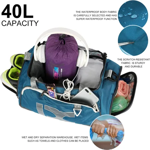 Vista 4 de INOXTO Bolsa de deporte de fitness con compartimento para zapatos, impermeable, bolsa de viaje para mujeres y hombres, azul Gray
