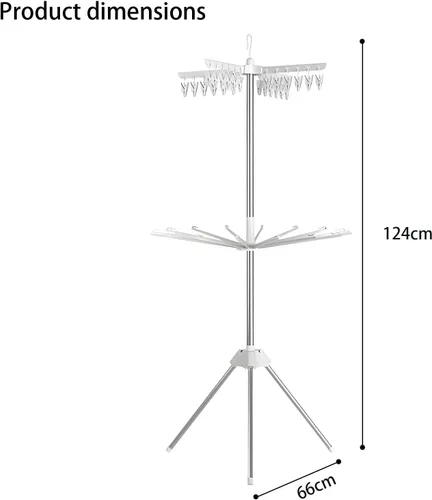 Vista 8 de Estante de secado de ropa que ahorra espacio, trípode de acero de 64 pulgadas, plegable, con 4 brazos giratorios para 24 perchas, 3 patas, para 30