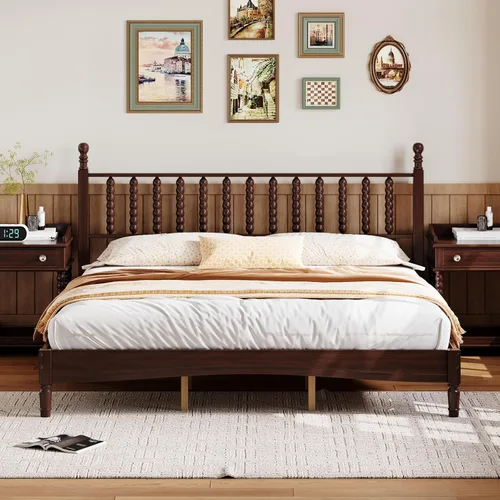 Vista 22 de JIVOIT Cama de plataforma de tamaño King con cabecera de 46.5 pulgadas de alto, marco de plataforma de madera de bambú maciza con listones de madera