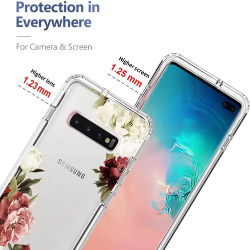 Vista 2 de Funda para Samsung Galaxy S10 Plus, Samsung S10+ SM-G975U con protector de pantalla de vidrio templado, bonito patrón floral transparente, funda