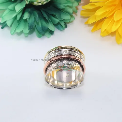Vista 5 de Solid 925 Sterling Silver Flower Floral Three Tone Hammered Meditation Spinner Ring For WomenGirls