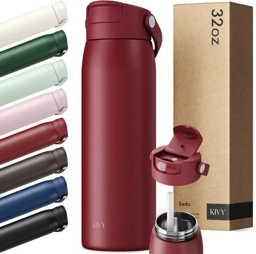 Vista 12 de KIVY Botella de agua de acero inoxidable con pajita 24oz - 24h fría 12h Rojo oscuro