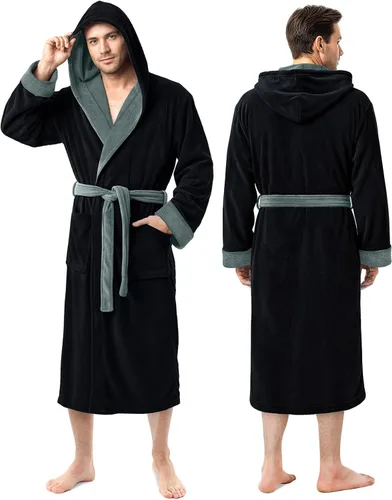 Vista 7 de NY Threads - Bata de baño con capucha para hombre de lujo, bata de baño de felpa de lujo con capucha, bata de spa para hombre Negro