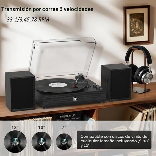 Vista 2 de Tocadiscos Bluetooth con altavoces externos con transmisión por correa Negro (Black Wood)