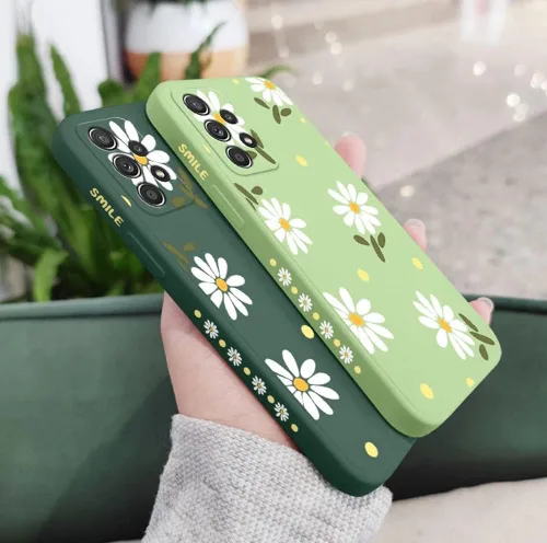 Vista 4 de Funda para Galaxy A53 5G, diseño de margaritas, protección completa de lente de cámara, a prueba de golpes, TPU parachoques de silicona líquida