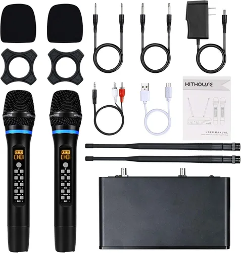 Vista 7 de Micrófono inalámbrico J10 Sistema de karaoke recargable, micrófono inalámbrico de metal UHF de mano con control de graves agudos de volumen y caja