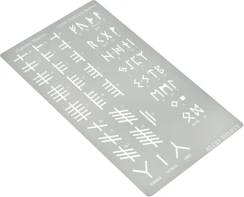 Vista 2 de Aleks Melnyk No.421 Plantilla de metal, runas Elder Futhark y Ogham, Alfabeto antiguo, alfabeto mágico de sigil, plantilla de letras para leña