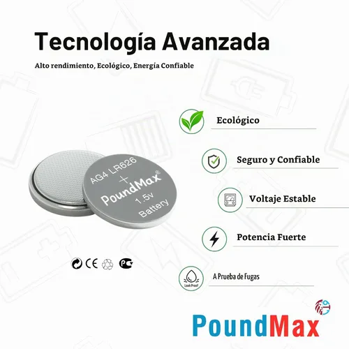 Vista 3 de PoundMax AG4 LR626 Baterías 1.5v Batería alcalina de botón - 10