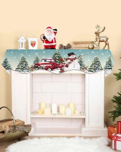 Vista 3 de Daleng Bufanda de repisa de camión de Navidad con muñeco de nieve para chimenea, 60 x 17 pulgadas, árbol de Navidad, copos de nieve, ciervos, verde